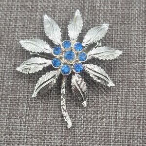 Vintage Blue Rhinestone Brooch Silver Tone